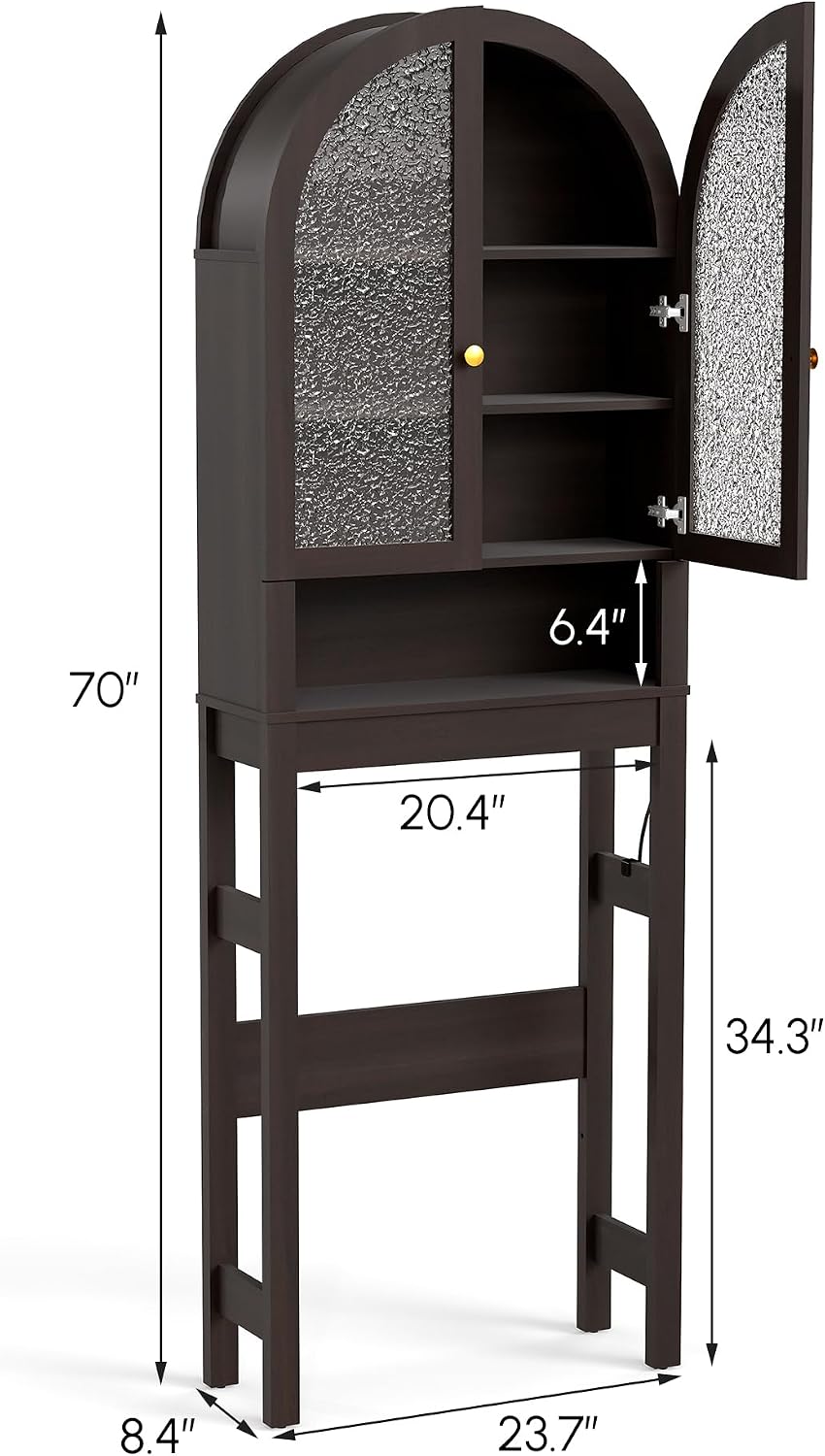 HMstone Over The Toilet Storage Cabinet, Arched Bathroom Organizer and Storage with Acrylic Doors and Adjustable Shelf, Space Saver Freestanding Bathroom Modern Storage Cabinet Over Toilet Dark Brown