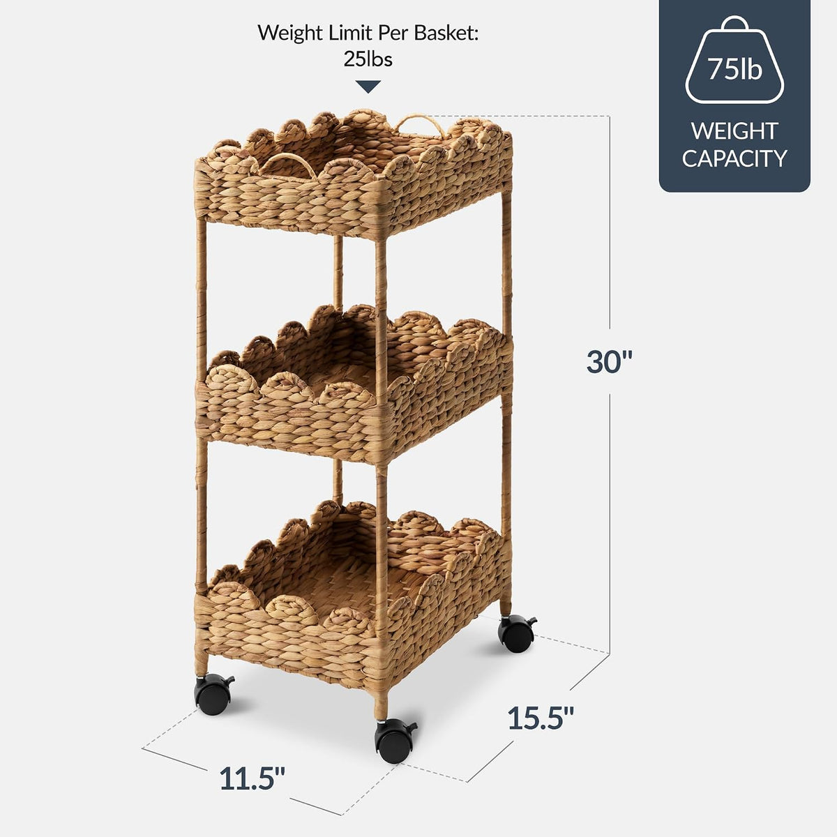 Best Choice Products 3-Tier Scalloped Nursery Caddy w/Wheels, Handwoven Utility Cart, Storage Organization for Bathroom, Craft Room, Laundry Room - Chestnut