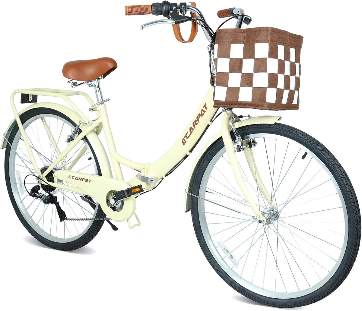 Ecarpat 26 Inch Folding Beach Cruiser Bike for Women, 7 Speed Comfortable City Bike with Rear Rack, Cup Holder and Basket, Steel Frame Commuter Foldable Bicycle with Dual V-Brakes for Adults