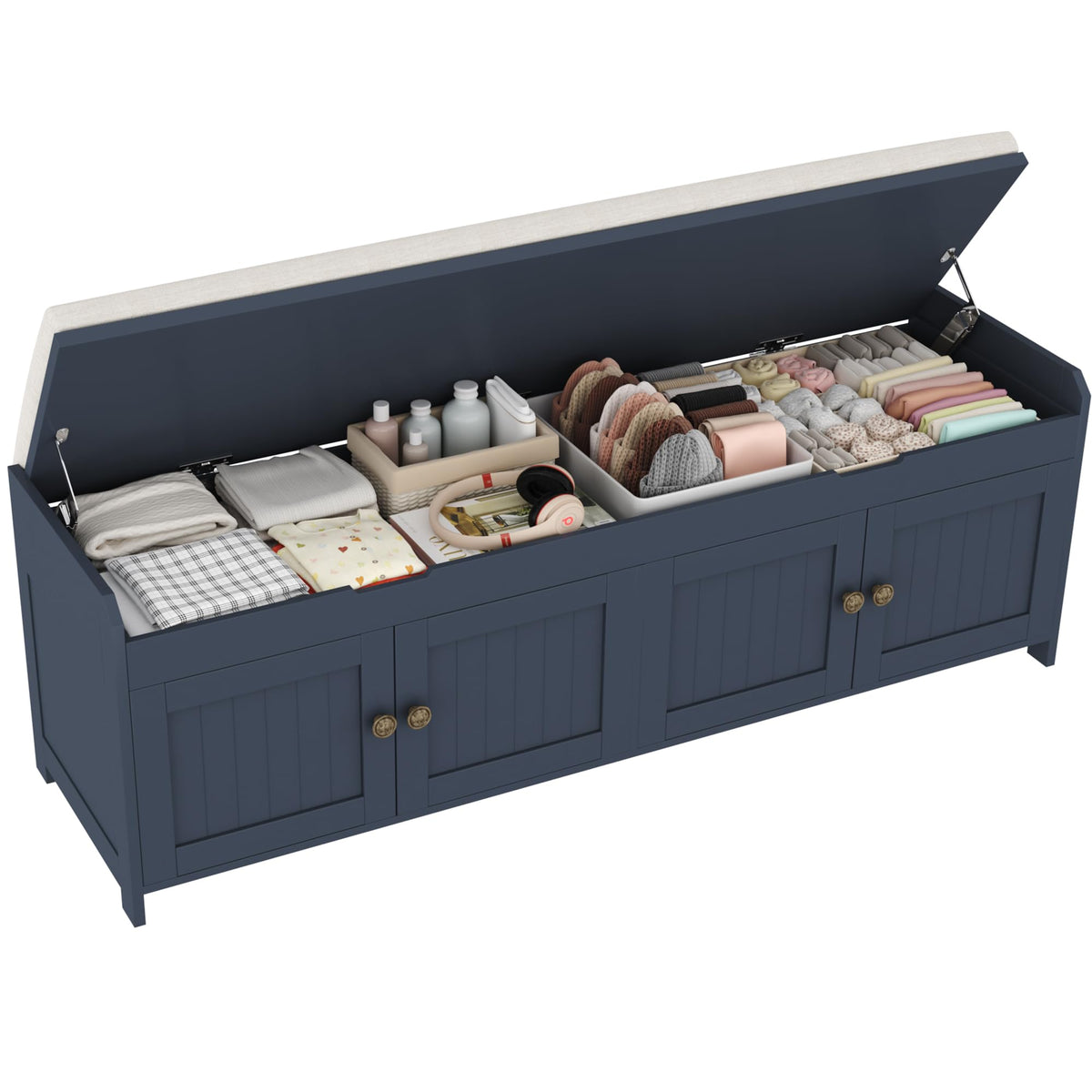 HOMEFORT 54.4" Shoe Bench with Lift Top Storage, Entryway Bench with Cushioned Seat, Wooden End of Bed Bench, Shoe Cabinet Bench with Hidden Storage Space, for Bedroom, Hallway,White