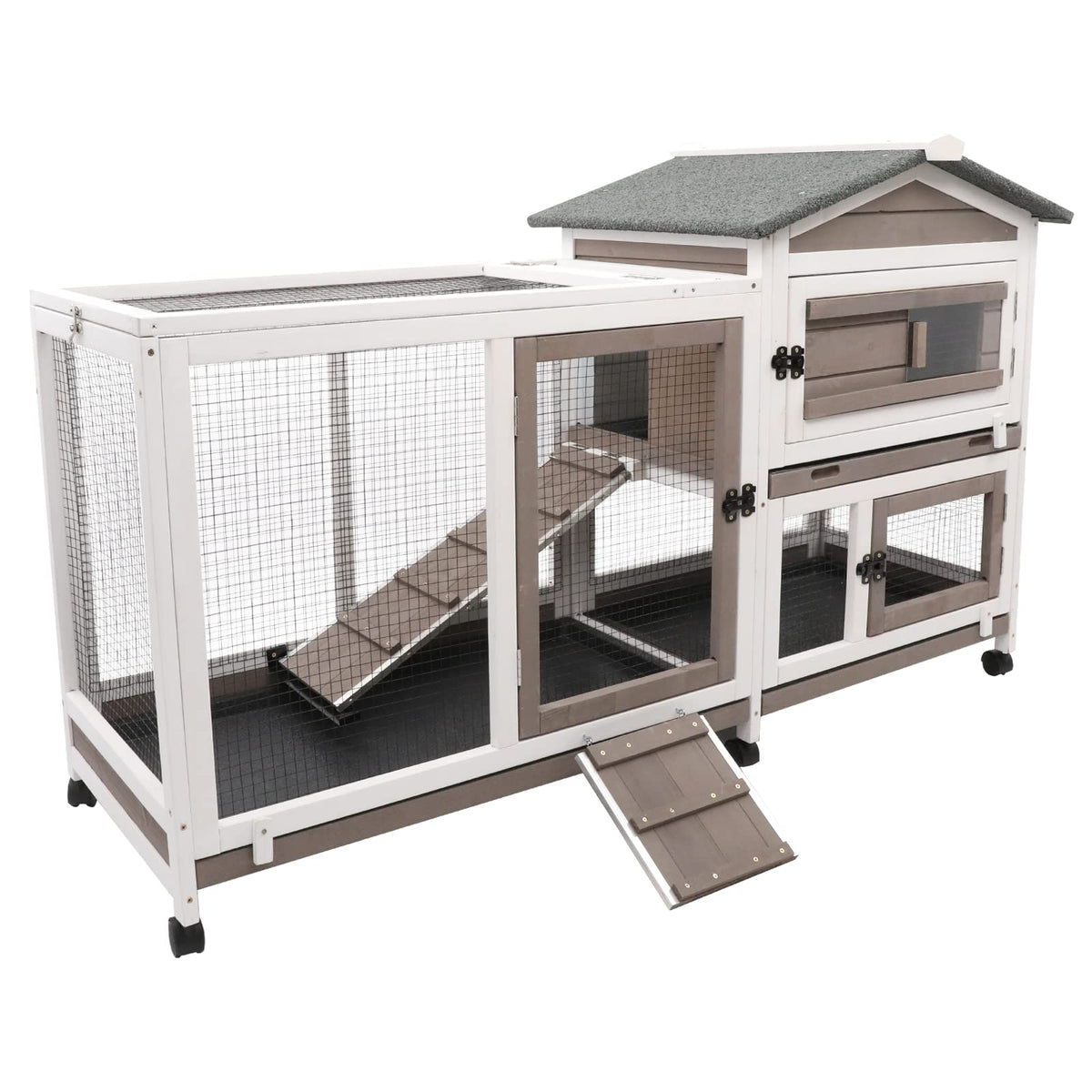 2-Story Rabbit Hutch Indoor & Outdoor, Large Bunny Hutch with 3 Pull-Out Trays, 6 Lockable Wheels, Wooden Rabbit Cage with Asphalt Roof & 6 Accesses for 2-4 Rabbits, Backyard, Home, Patio