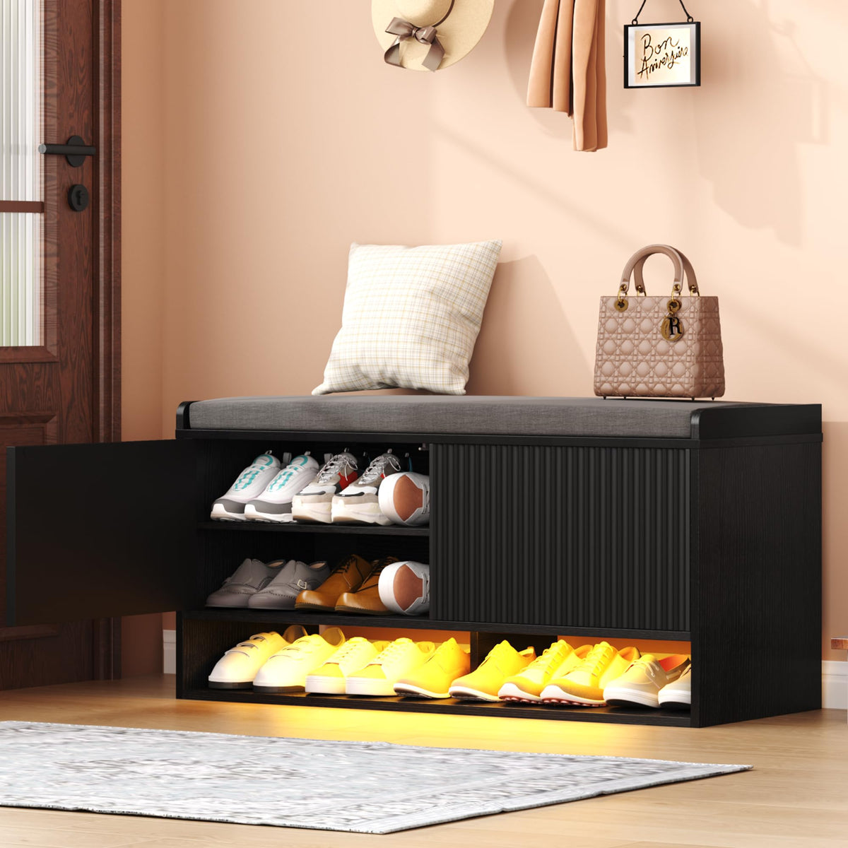 HOMEFORT 47.2" Fluted Shoe Storage Bench, Entryway Bench with Linen Seat Cushion, Shoe Cabinet Bench with Adjustable Shelf and Built-in LED Sensor Light, Bench for Bedroom End of Bed, Natural Oak