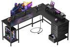 Korfile 59 inch L Shaped Computer Desk with Power Outlets, Black