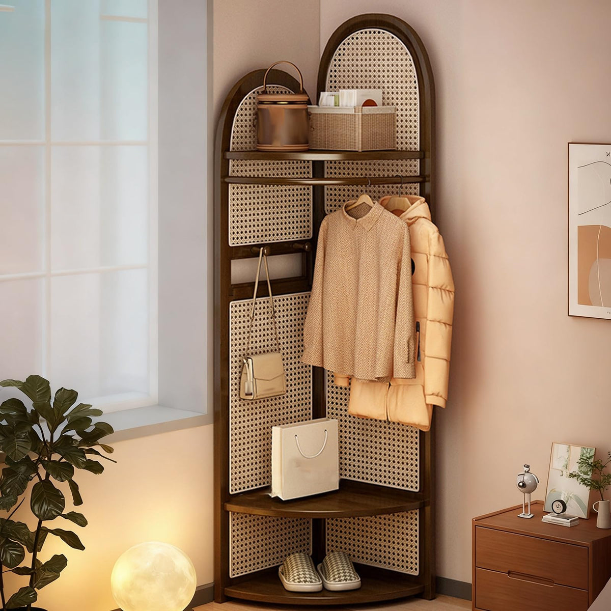 Wooden Corner Clothes Rack, 3-Tier Rattan Corner Hall Tree with Bench and Shoe Storage, Entryway Coat Rack with 4 Hooks, for Entryway or Bedroom(Yellow)