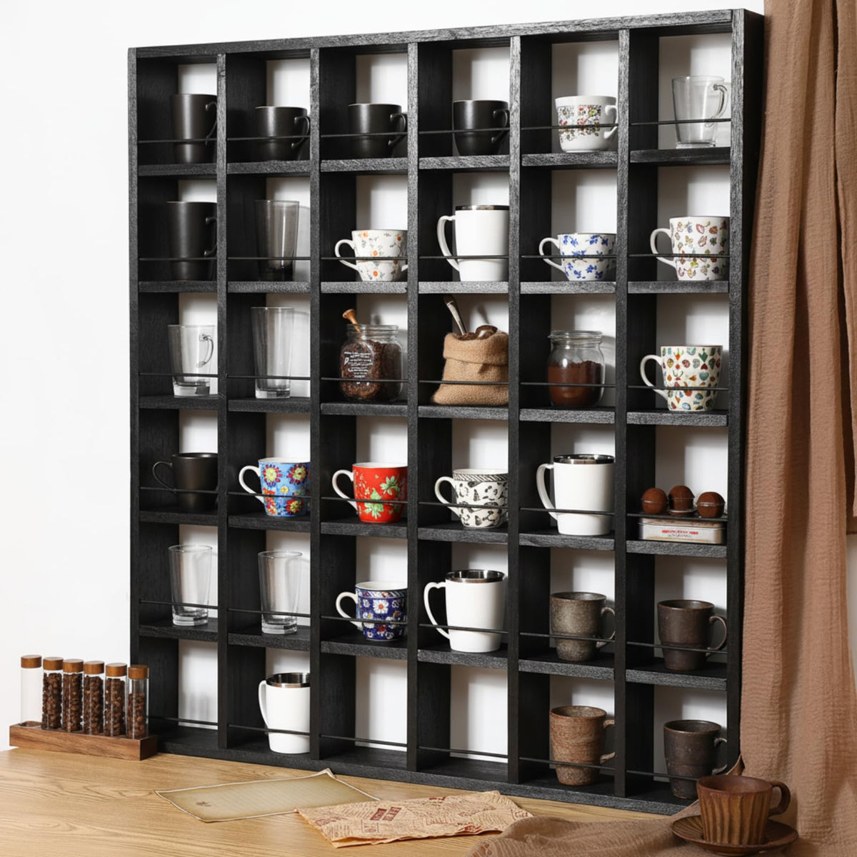 Kigley Oversize Coffee Mug Display Rack Wooden Shelves Rustic Shot Glass Display Case Travel Mug Shelf Wall Mounted Rack Holder Shadow Box(5 x 6,Dark Brown)