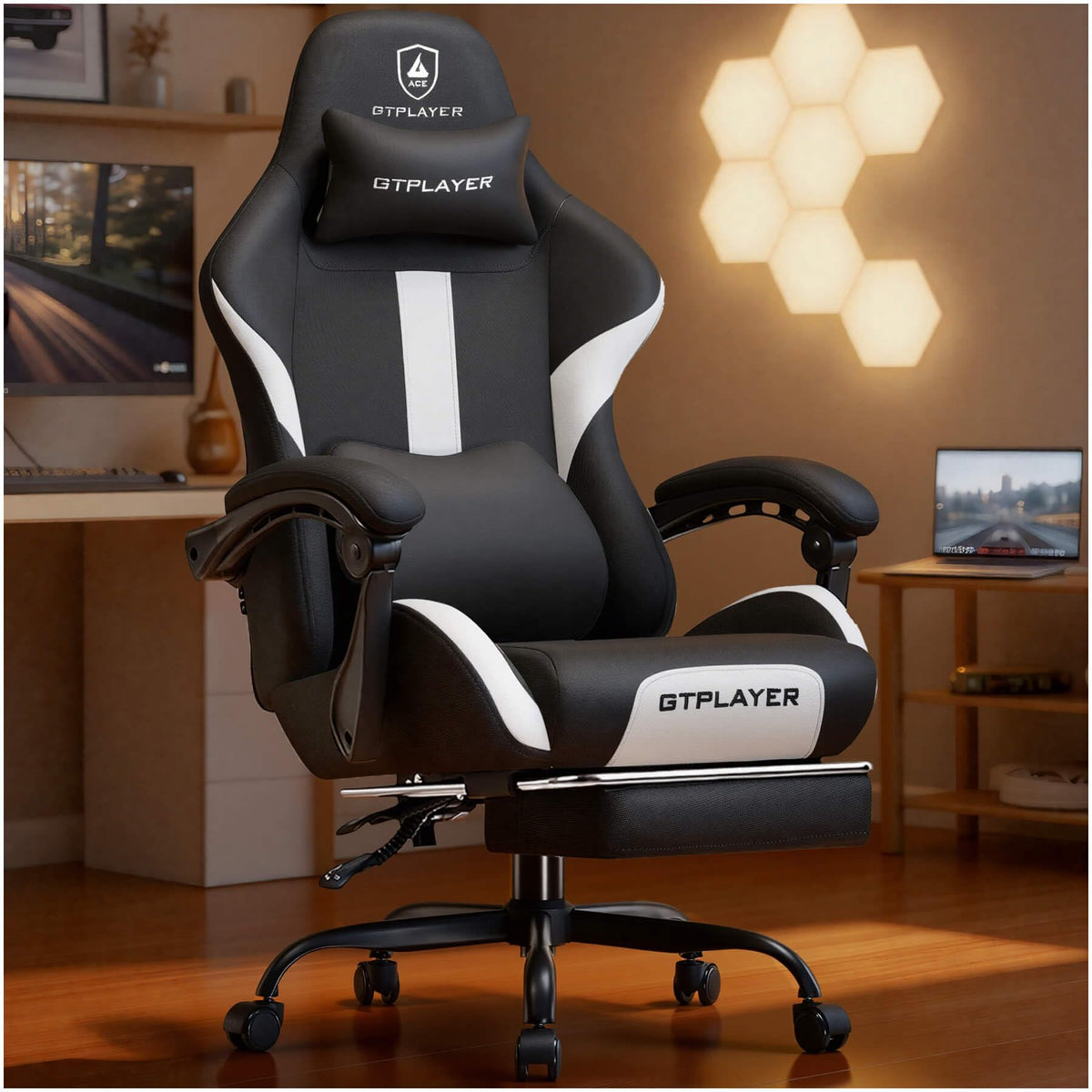 GTPLAYER Gaming Chair with Foot Rest & Pocket Spring Cushion, Ergonomic High Back Computer Desk Chair with Headrest & Lumbar Support for Back Pain Relief, Breathable Fabric, Mist-Blue