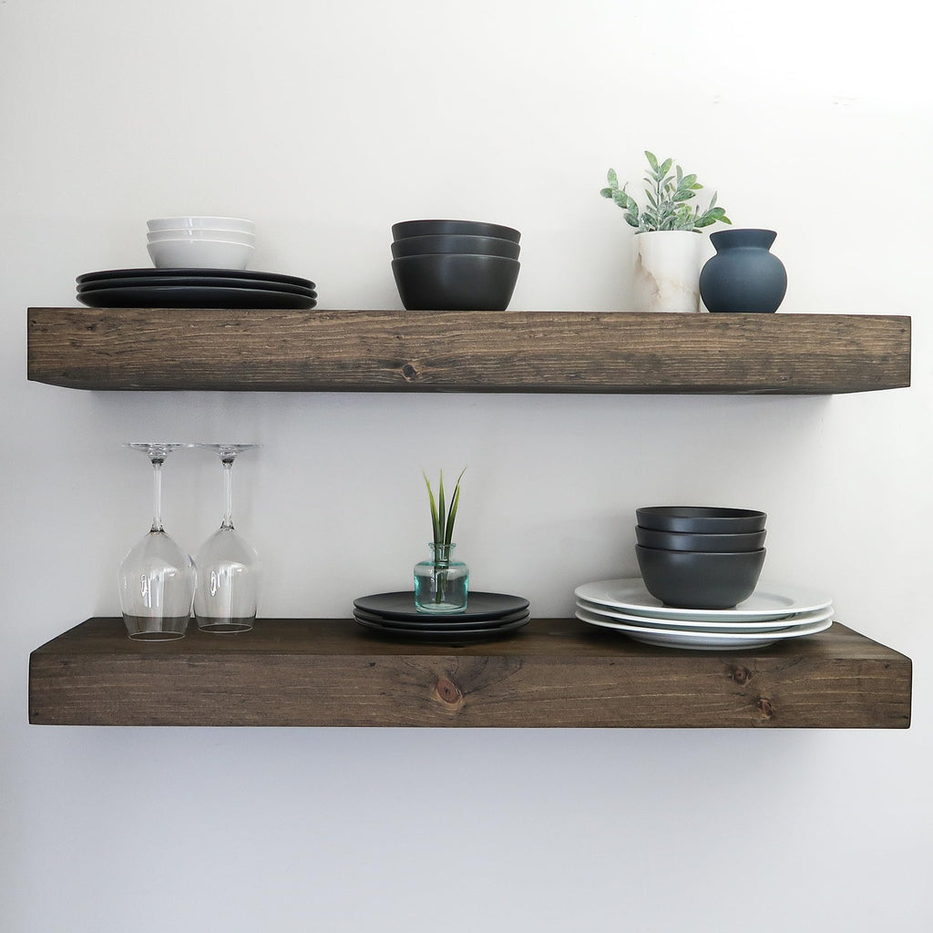 Urbandi Modern Floating Shelves 3 Inches Thick for Wall, Wide Shelves for Kitchen, Living Room, Bedroom, and Bathroom, Natural Pine Wood, Rustic Wooden Shelf, (Set of 2) (Provincial, 24Lx3Hx8D)