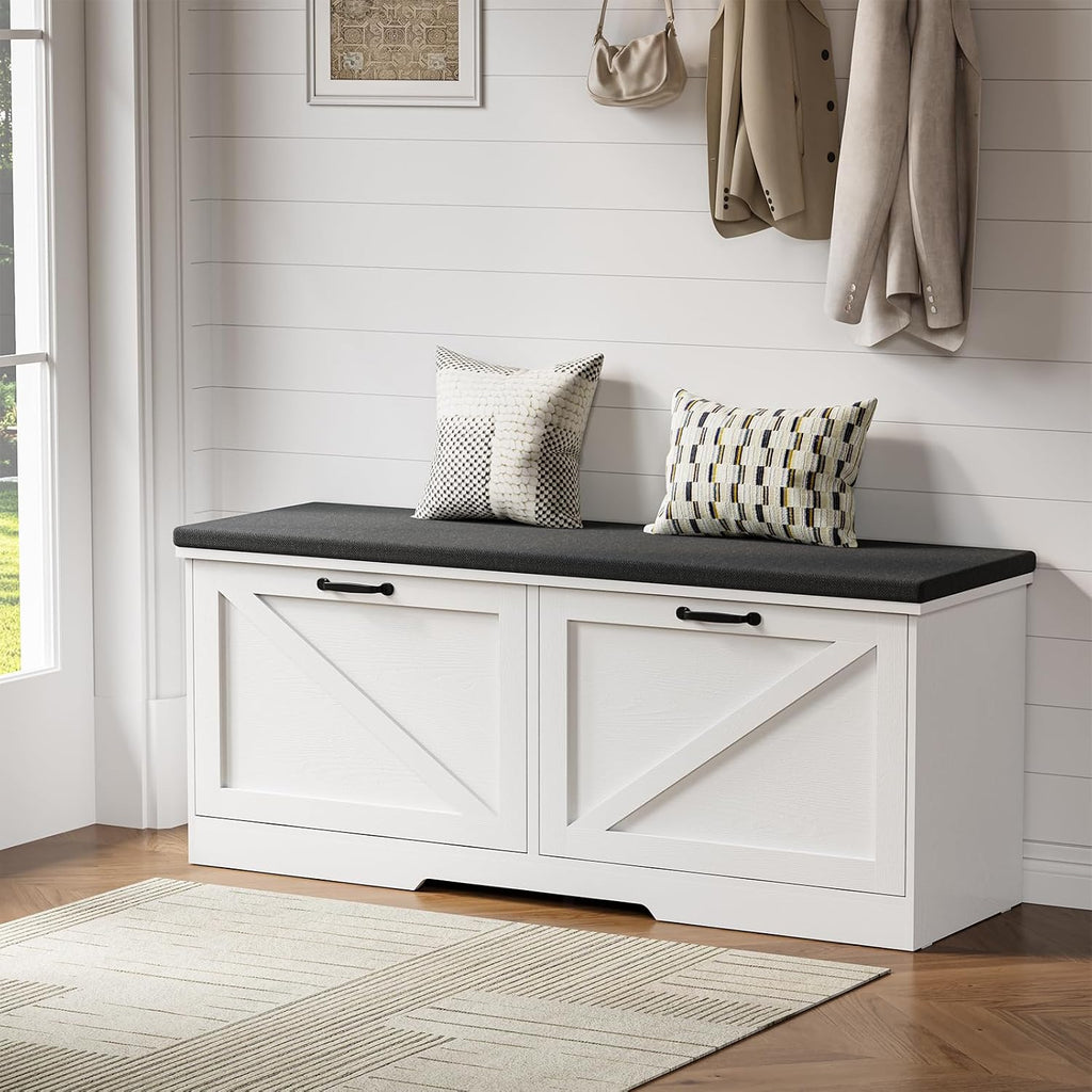 Farmhouse Shoe Storage Bench with Seat Cushion & 2 Flip Drawers