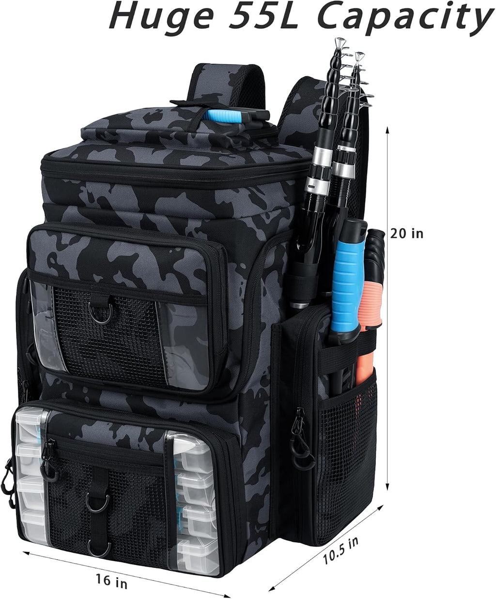Fishing Tackle Backpack,55L Large Tackle Bag with 4 Rod Holders,Camouflage