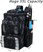 Fishing Tackle Backpack,55L Large Tackle Bag with 4 Rod Holders,Camouflage