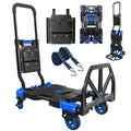 Folding Hand Truck, 2 in 1 Portable Heavy Duty Carrying Moving Dolly Cart with 4 Foldable Wheels and Retractable Handle Duty 330lbs (Blue)