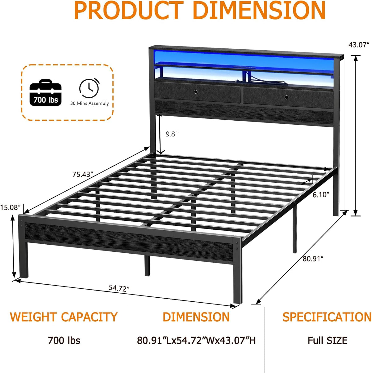 Furnulem Full Size Bed Frame with Headboard & 2 Fabric Drawers, Black Oak