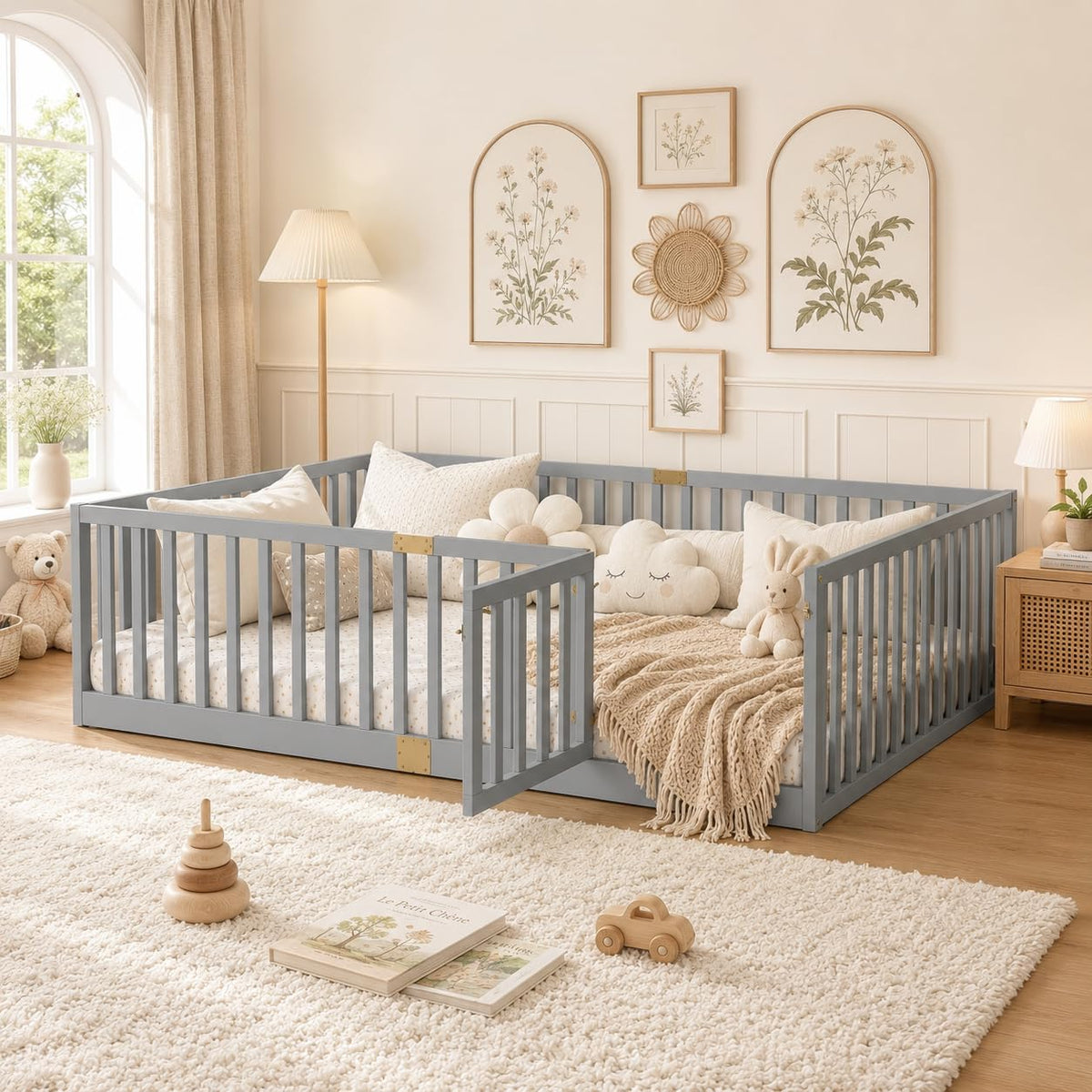 Twin Montessori Floor Bed with High Rails, Door & Slats for Kids, Natural