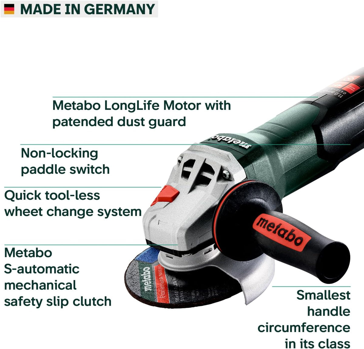 Metabo 4-1/2-5-Inch Angle Grinder, 11 Amp, 11,000 RPM, Non-Locking Paddle Switch, Made in Germany, WP 11-125 Quick, 603624420, Green