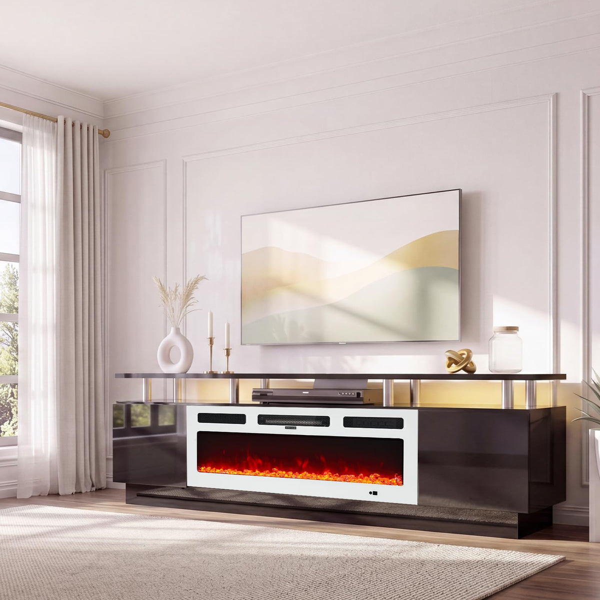 70" TV Stand for Living Room, Modern Entertainment Center & Media Console, Fits TVs up to 80", Storage Cabinet with Shelves, 36" Electric Fireplace with LED Flame (All Black)
