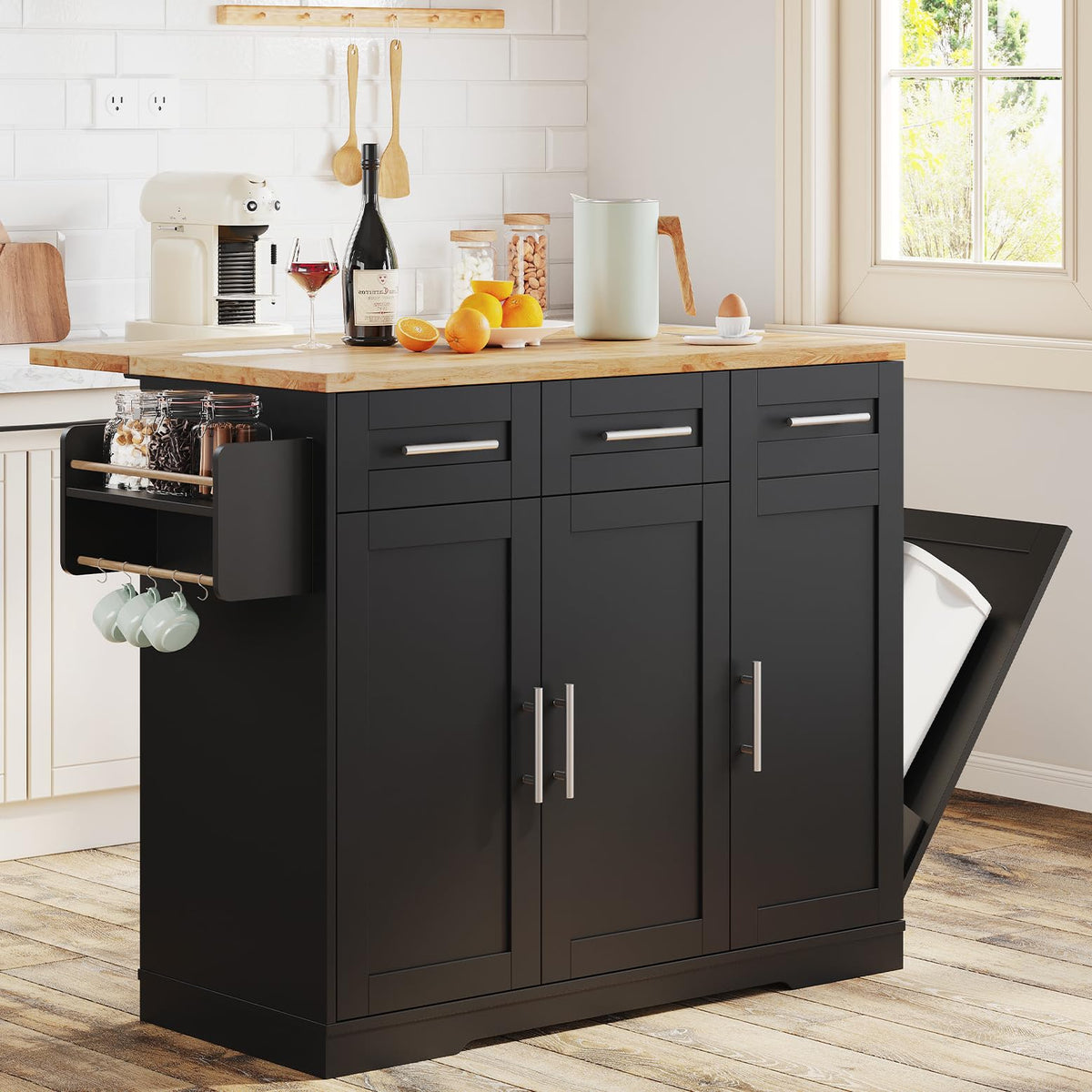 Dripex 41.5'' Kitchen Island with Power Outlet, Trash Cabinet & Storage