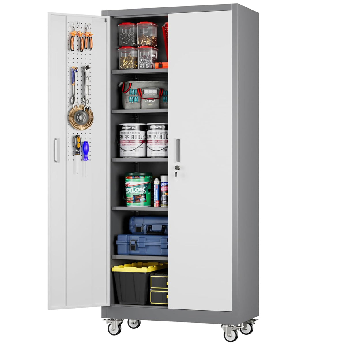 Aobabo 71" Metal Storage Cabinet with Wheels, 5 Shelves & Pegboards, Black