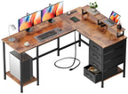 Korfile 59 inch L Shaped Computer Desk with Power Outlets, Black