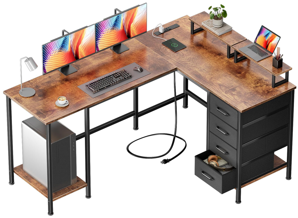 Korfile 59 inch L Shaped Computer Desk with Power Outlets, Black