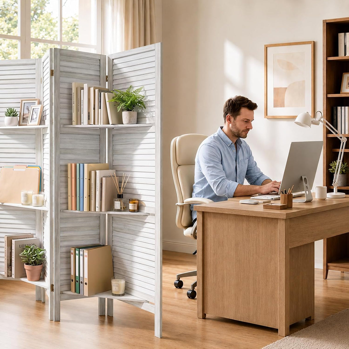 TEAKMAMA Room Divider, Room Divider with Shelves, 4 Panel,Distressed White