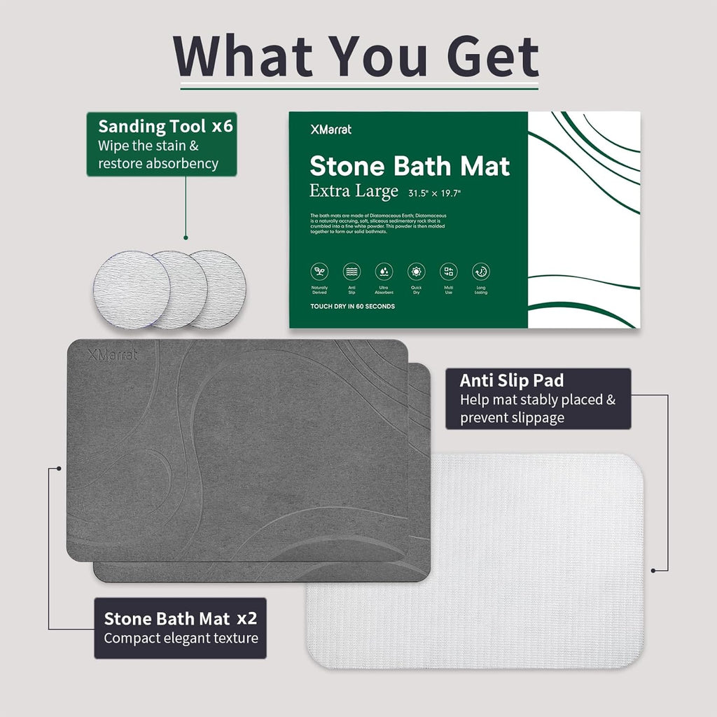 XMarrat Extra Large Stone Bath Mat for Bathroom, 2 Pack, 31.5"x19.7"