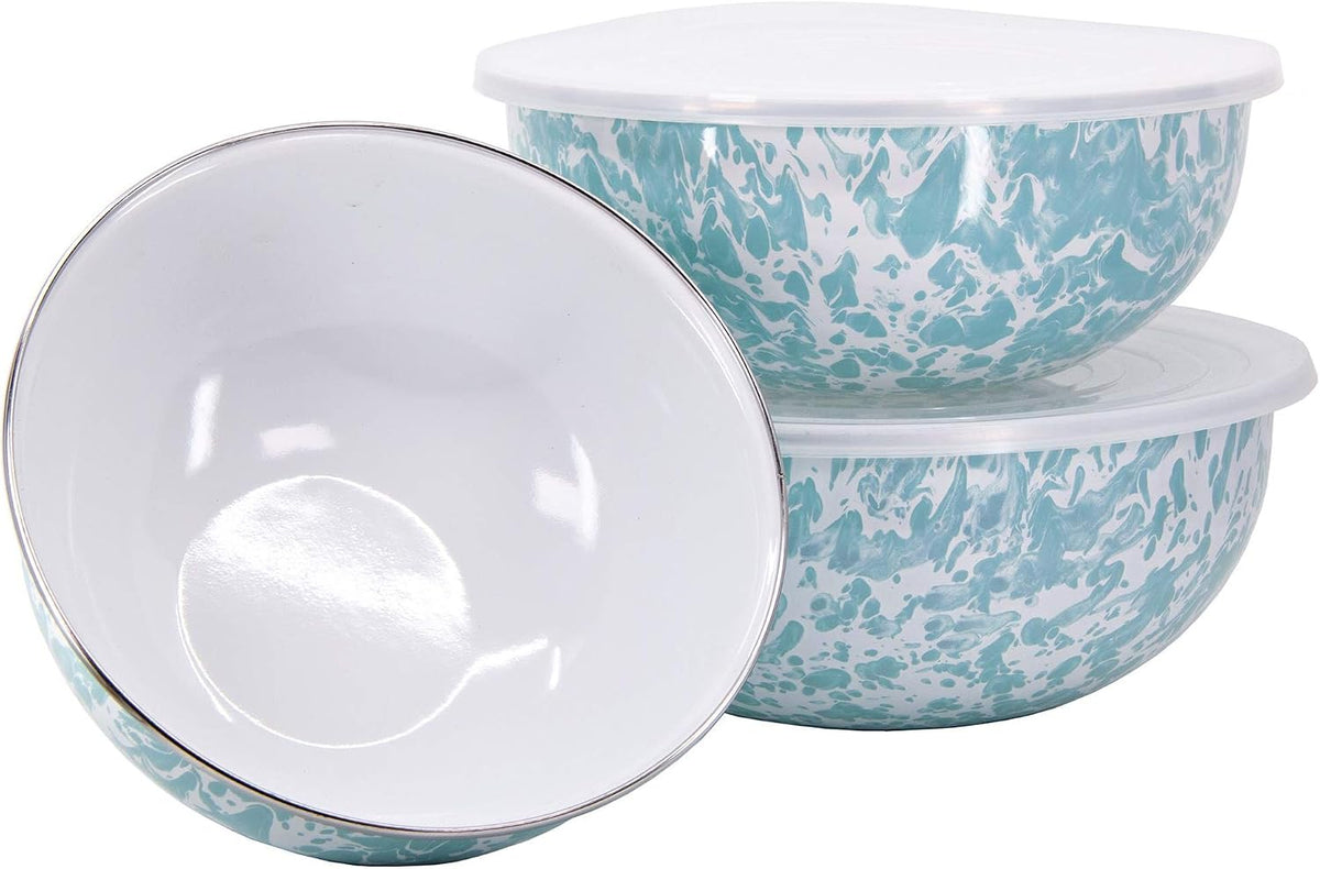 Golden Rabbit Enamelware Nested Mixing Bowls with Lids, Set of 3, Sea Glass