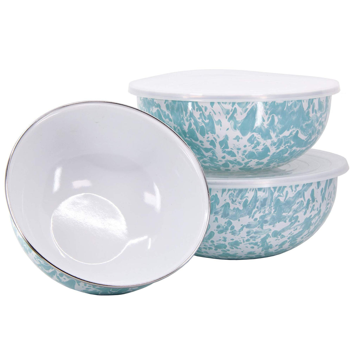 Golden Rabbit Enamelware Nested Mixing Bowls with Lids, Set of 3, Cobalt Swirl