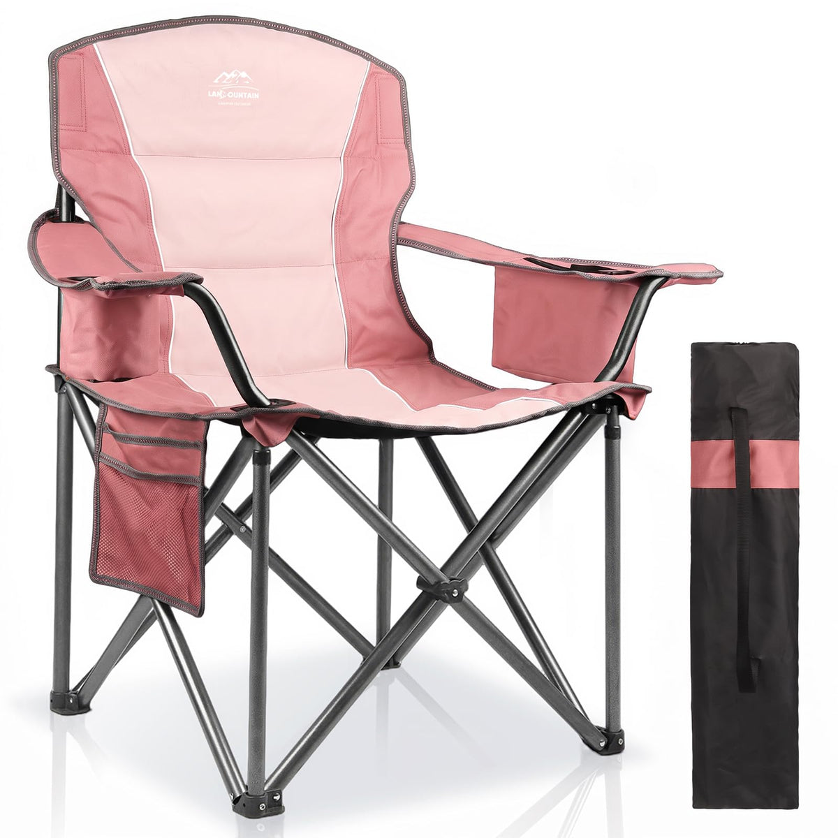 2 Pack Padded Oversized Camping Chairs for Adults,Heavy Duty Support 400 Lbs,Folding Portable Lawn Chair w/Cup Holder,Cooler Bag,Side Pocket,Perfect for Outdoor Picnic,Hiking(Orange&Blue)