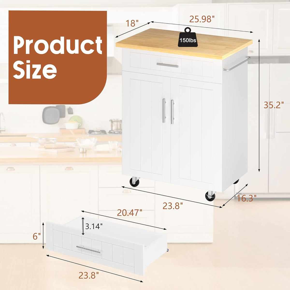 JY QAQA 26" Rolling Kitchen Island Cart on Wheels, Mobile Storage Cabinet with Drawer & Inner Shelves, Towel Rack, Lockable Casters, Wood‑Top Portable Prep Cart for Kitchen Dining Apartment, White
