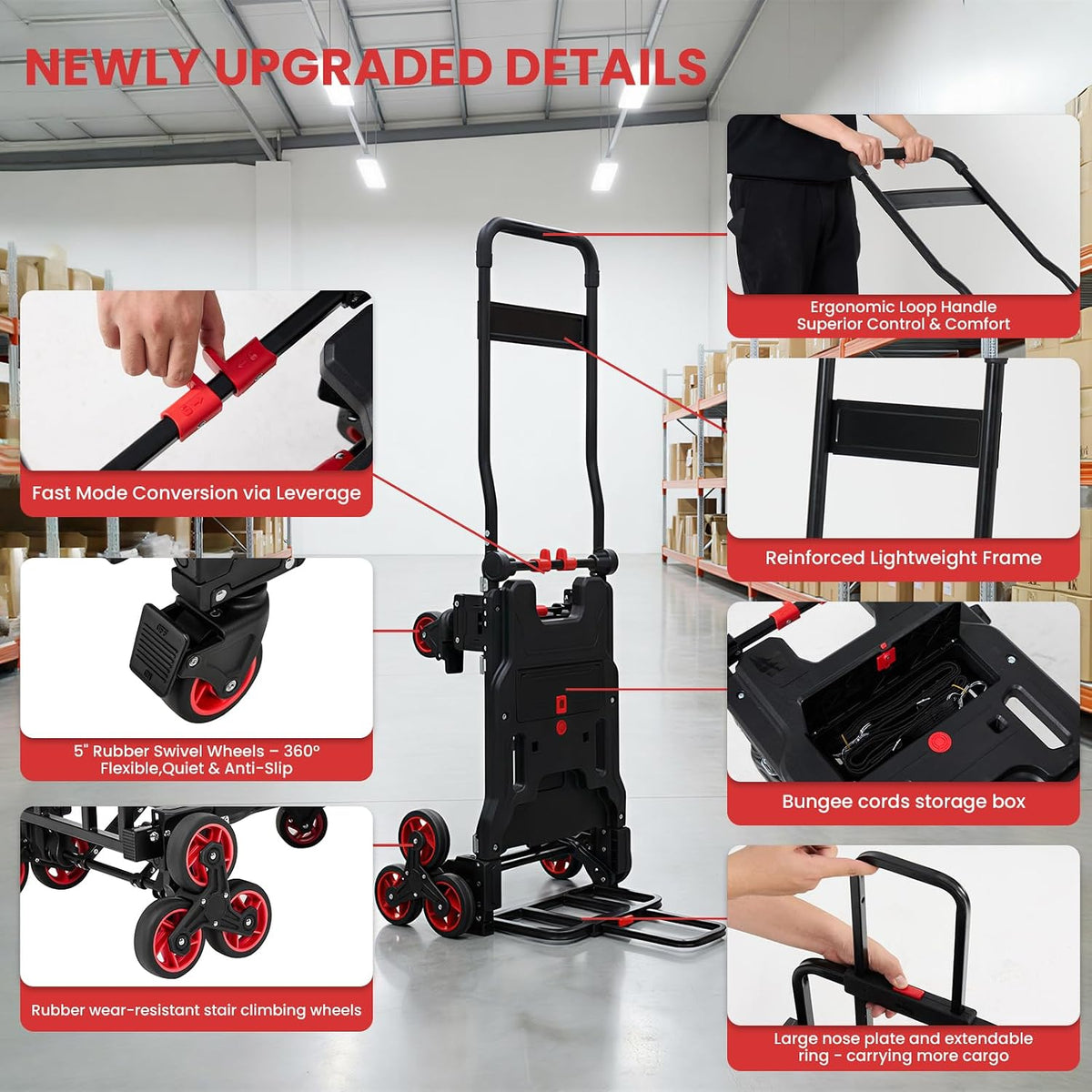 Upgraded 3 in 1 Convertible Folding Hand Truck with Brakes, Hand Truck Dolly Heavy Duty 660lbs Capacity, Stair Climbing Cart with Adjustable Shovel Board and Fixed Handle for Moving