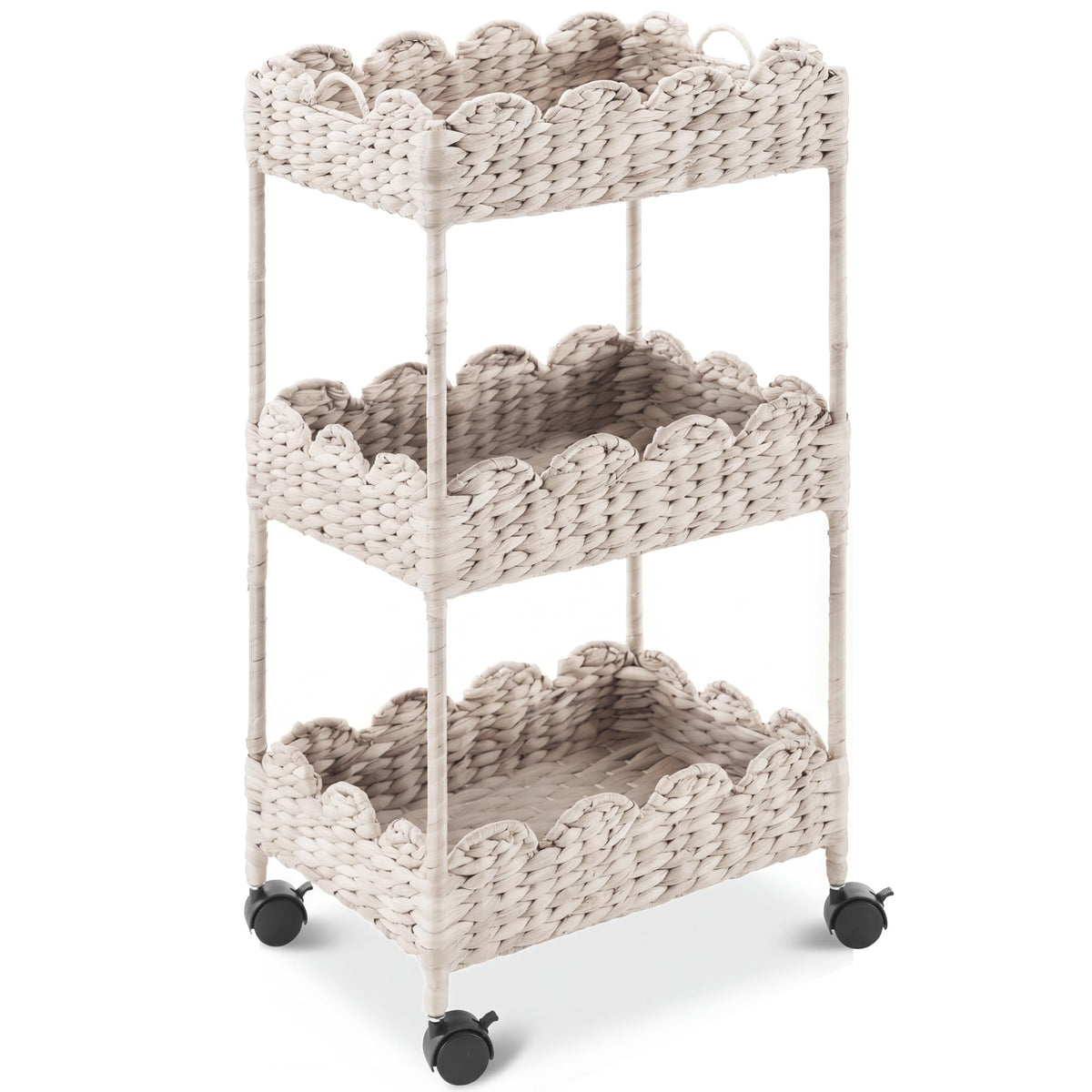 Best Choice Products 3-Tier Scalloped Nursery Caddy w/Wheels, Handwoven Utility Cart, Storage Organization for Bathroom, Craft Room, Laundry Room - Chestnut