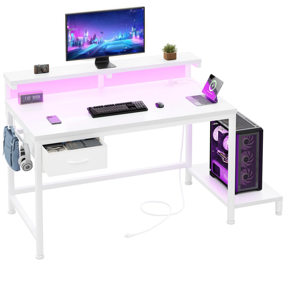DurayLoly 47.2" Gaming Desk with Power Outlet and LED Lights,Bedroom,Black