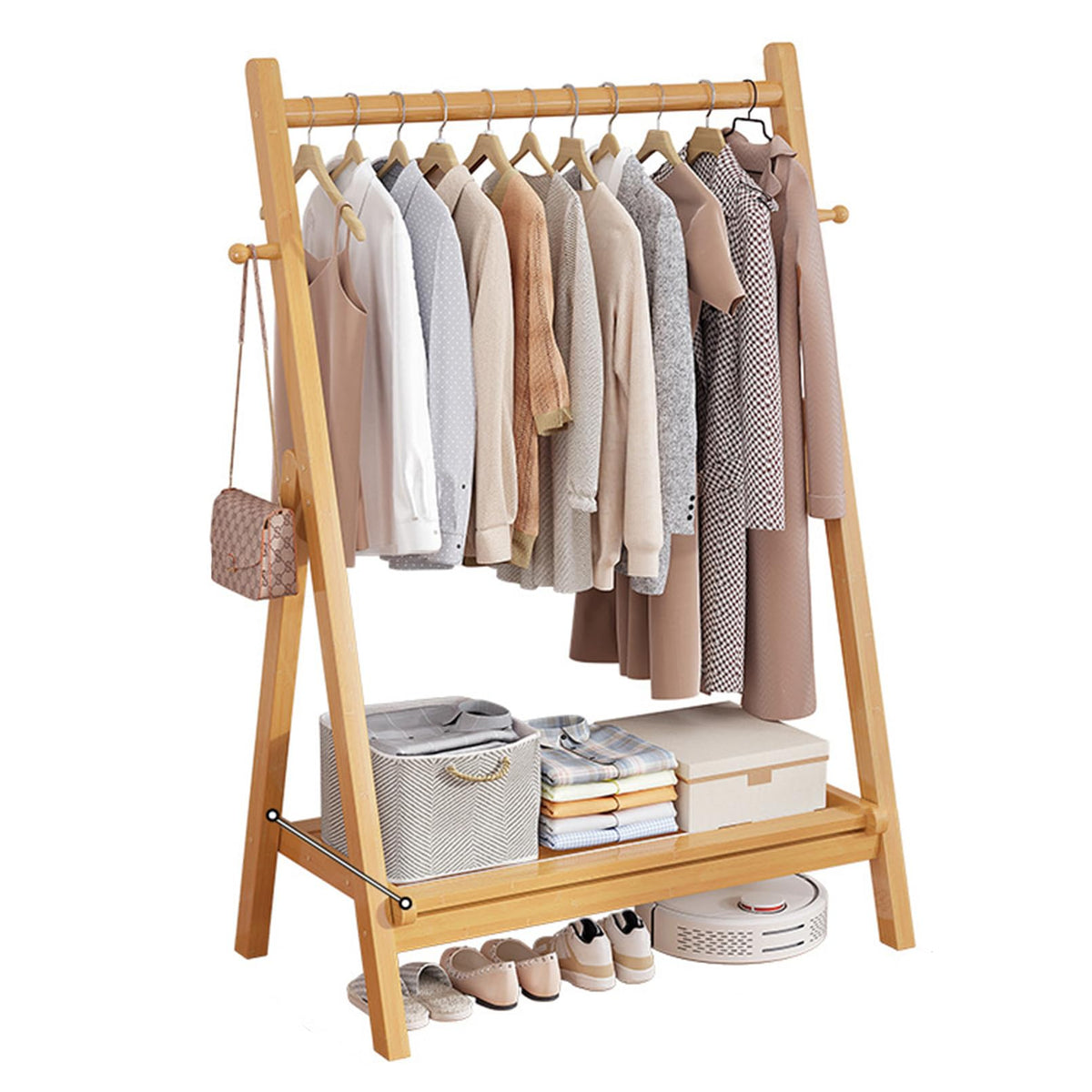 Unique Coat Rack Stand, Bamboo Clothing Rack Foldable Clothes Hanging Stand with Storage Shelf for Laundry, Guest Room, Apartment, Entryway