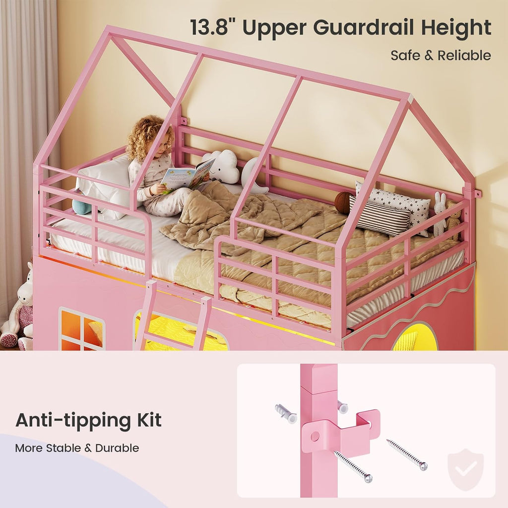 BTHFST Girls Bunk Bed Twin Over Twin, House Loft Bed with LED Lights