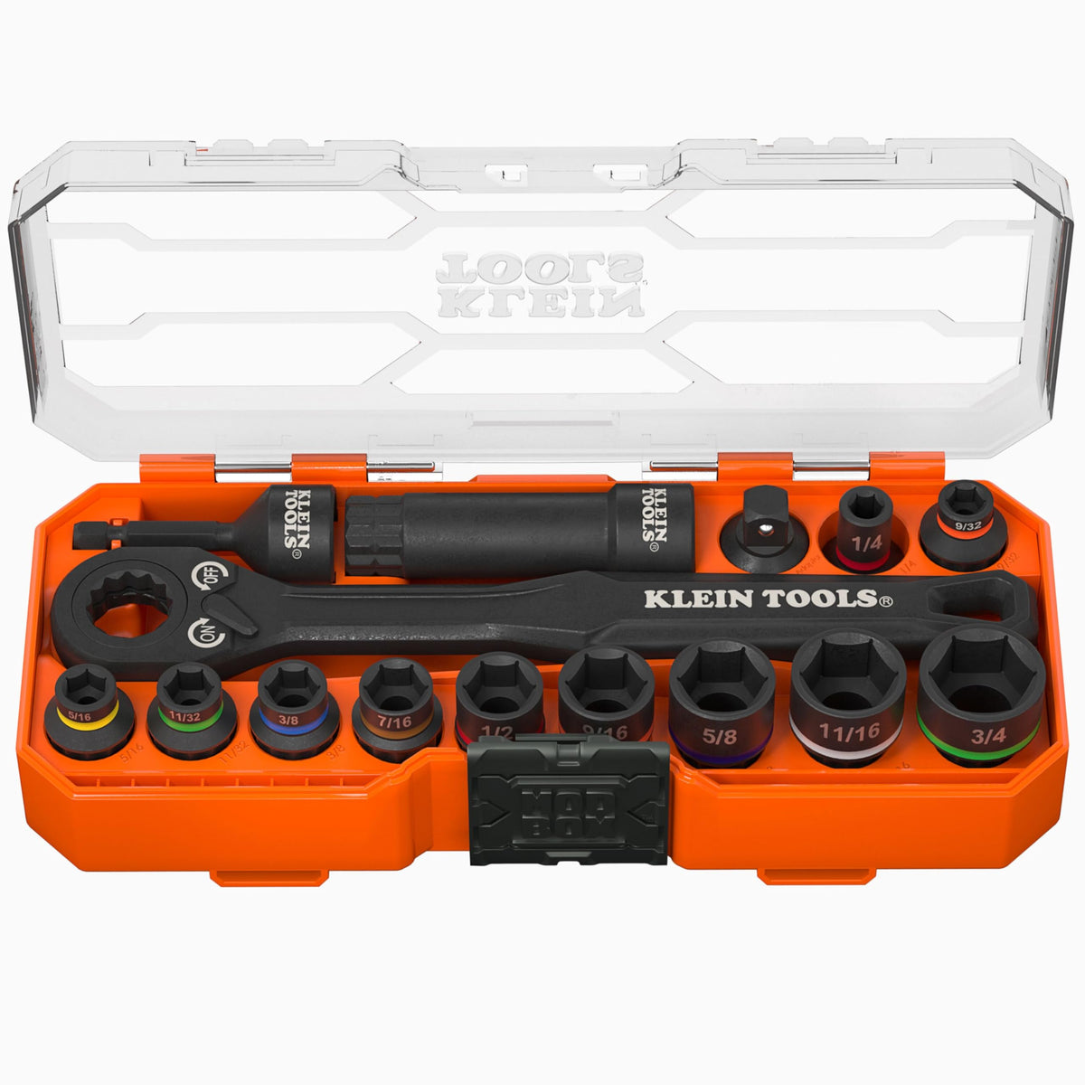 Klein Tools 65400KNECT KNECT Essential Pass Through Impact Socket Set, SAE and Metric, 90-Tooth Ratchet, MODbox Case, 3/8-Inch Drive, 28-Piece