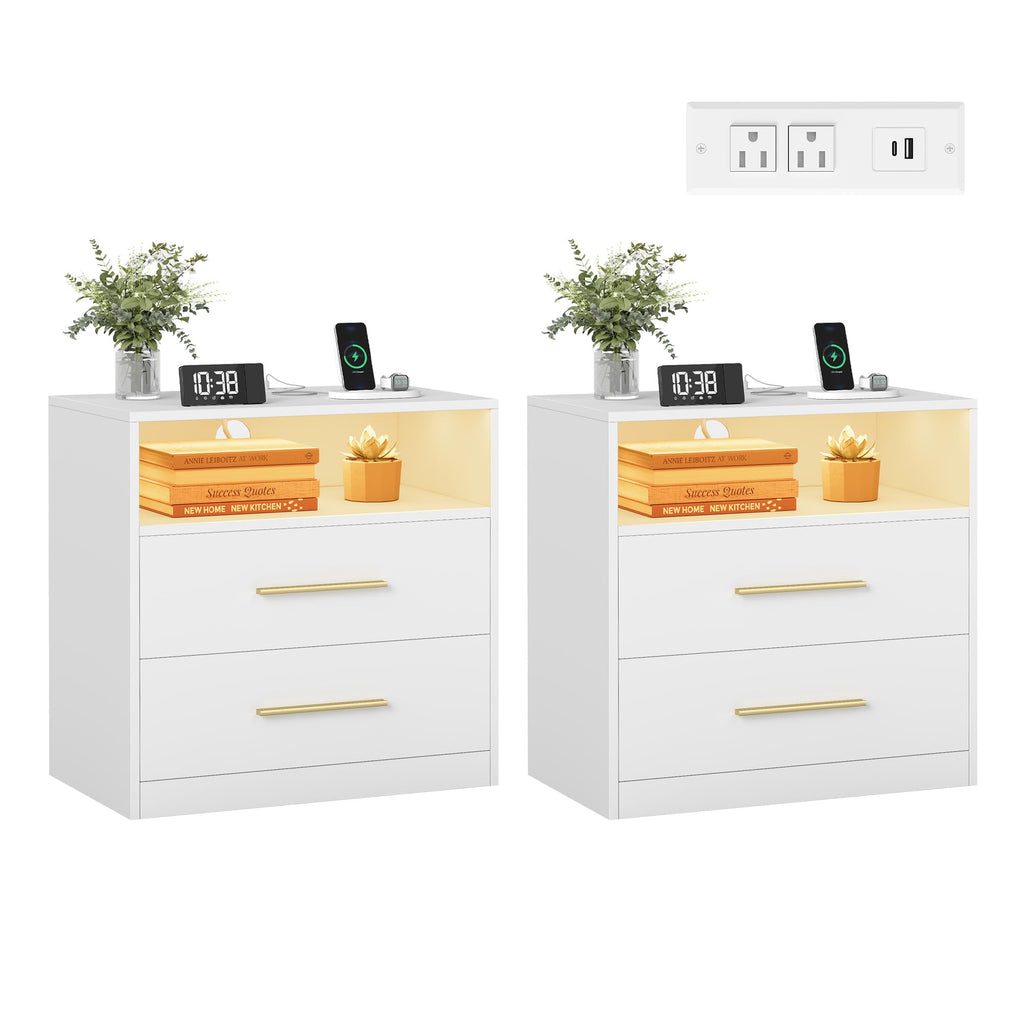 VASAGLE 23.6‑Inch Wide Nightstands, Set of 2, LED Lights, 2 Drawers