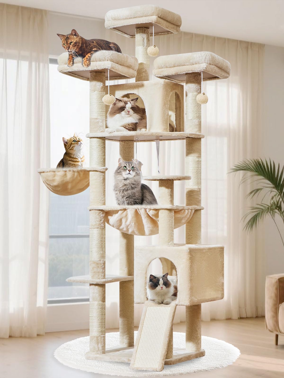 Taoqimiao Tall Cat Tree, 76In XL Cat Tower for Large Cats, 3 Padded Perches