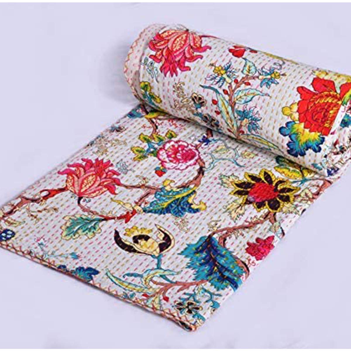 YUVANCRAFTS Indian Block Print Quilt Queen Kantha Quilts Kantha Throw Kantha Bedspread Blanket Cotton Bed Cover Vintage Quilt Boho Kantha Quilts Queen Size Quilt Blanket (Queen 90 X 108 Inch, White 4)