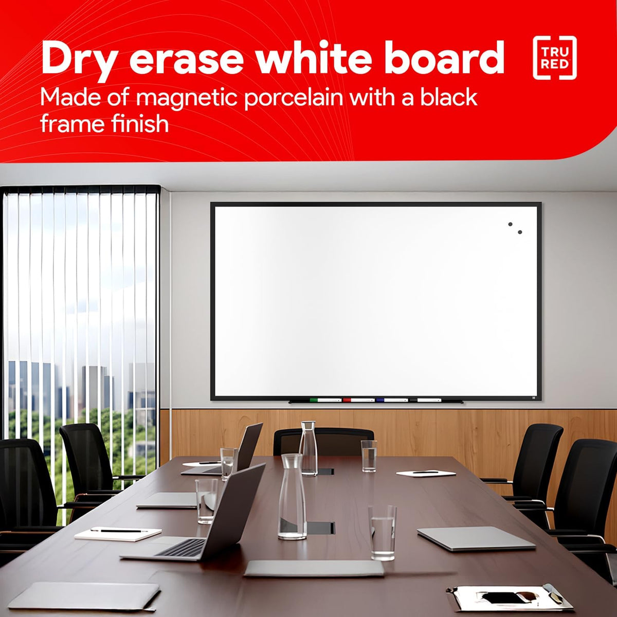 TRU RED Magnetic Steel Dry Erase Board, 5 ft x 3 ft, Black Frame