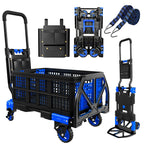 Folding Hand Truck, 2 in 1 Portable Heavy Duty Carrying Moving Dolly Cart with 4 Foldable Wheels and Retractable Handle Duty 330lbs (Blue)