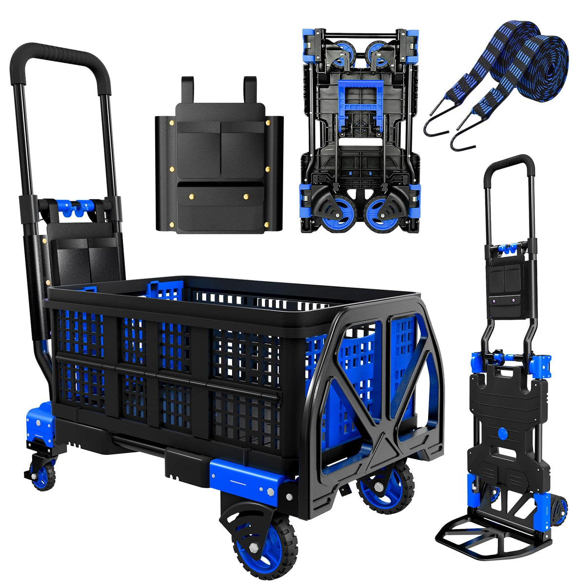 Folding Hand Truck, 2 in 1 Portable Heavy Duty Carrying Moving Dolly Cart with 4 Foldable Wheels and Retractable Handle Duty 330lbs (Blue)