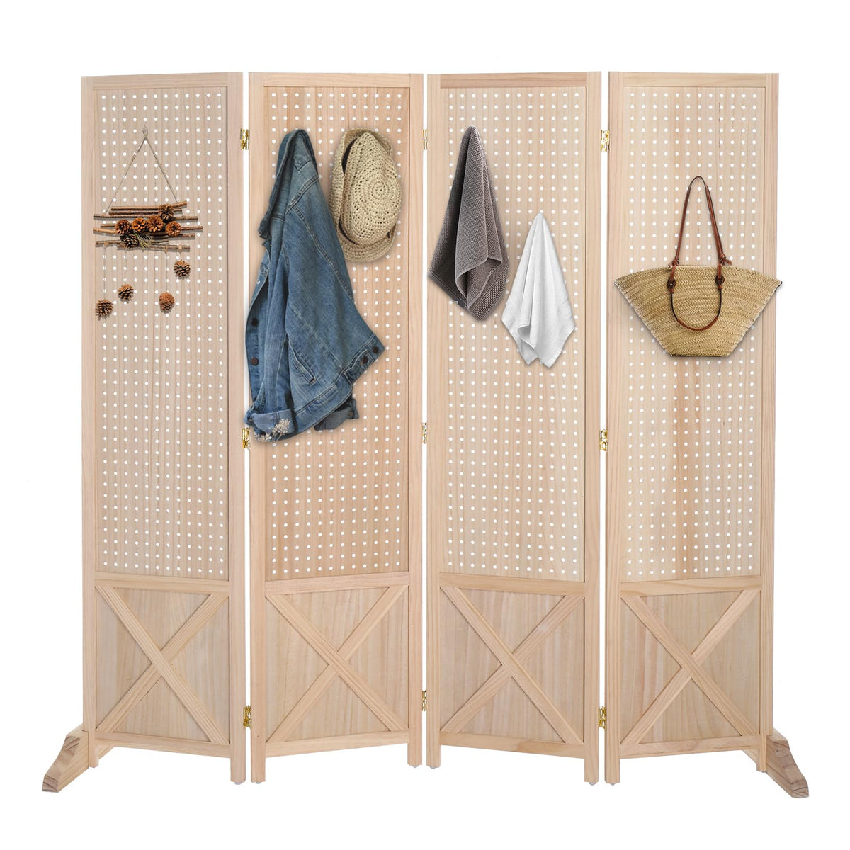 VINGLI Freestanding Pegboard with Support Feet, 5 FT Wood Room Divider Display Board Organizer, Folding Privacy Screen Partition Space Separator for Craft Shows Events Retail (Black, 4 Panel)
