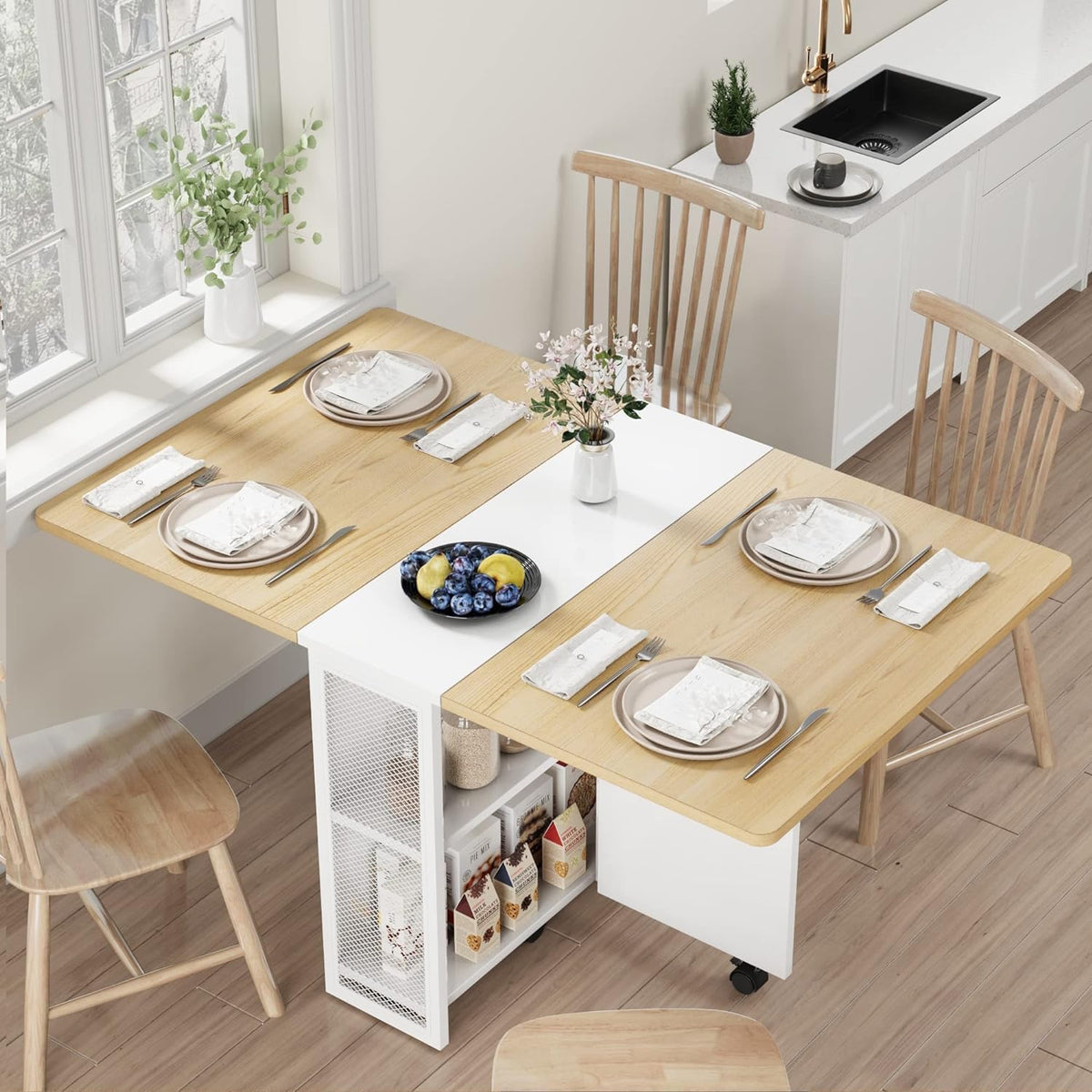 IDEALHOUSE FoldingTable, Drop Leaf Dining Table with 6 Wheels and 2-Layer Storage Shelf, Space Saving Table for Small Spaces (Slate Oak, 47.2" D x 23.6" W x 29.5" H)