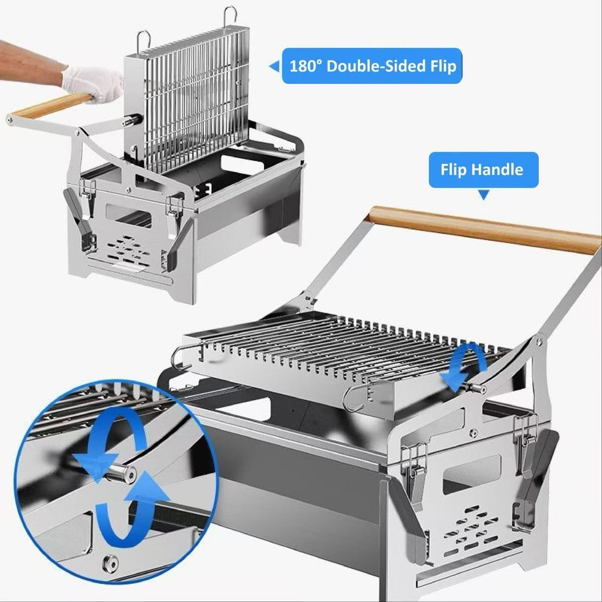 Portable Flip BBQ Grill, Stainless Steel Foldable Charcoal Grill with Reversible Cooking Grid, Removable & Easy Clean Tabletop Barbecue Grill for Outdoor Camping, Picnic, Backyard & Travel