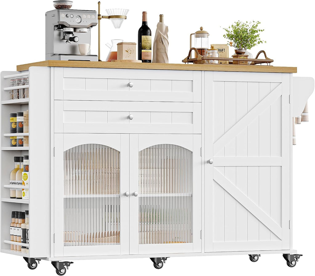 FINETONES 52" Kitchen Island with Storage, Rolling Kitchen Carts on Wheels
