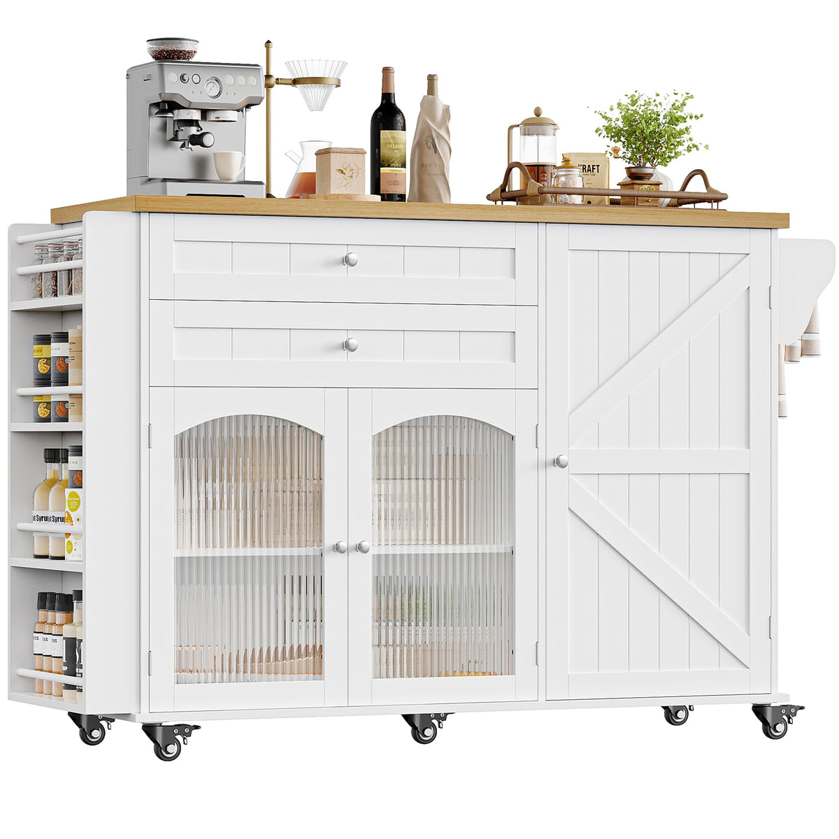 FINETONES 52" Kitchen Island with Storage, Rolling Kitchen Carts on Wheels