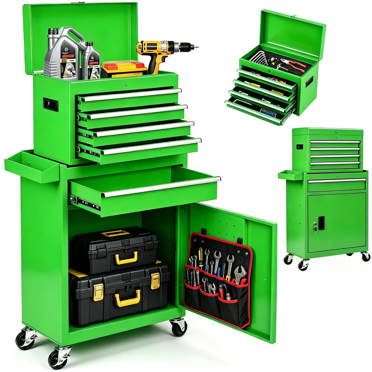 5-Drawer Rolling Tool Chest with Detachable Tool Box, Lockable Wheels, 4 Hooks, and Liner, Heavy-Duty Metal Tool Cart for Garage and Workshop Storage, Blue