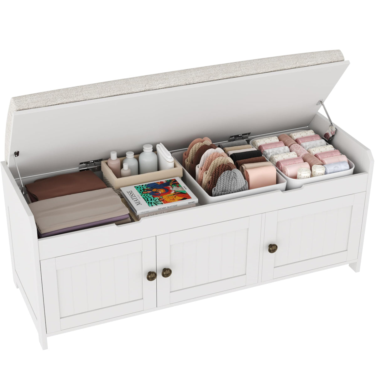 HOMEFORT 54.4" Shoe Bench with Lift Top Storage, Entryway Bench with Cushioned Seat, Wooden End of Bed Bench, Shoe Cabinet Bench with Hidden Storage Space, for Bedroom, Hallway,White