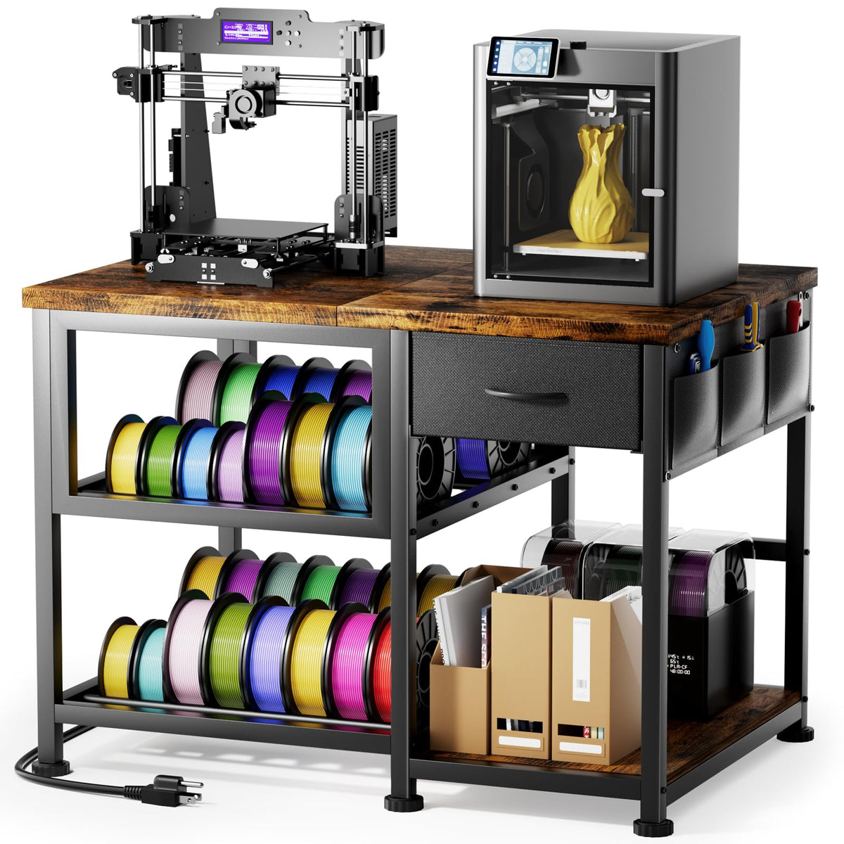 3D Printer Stand with Filament Storage Rack, Heavy Duty 3D Printer Table with Power Outlet, 3-Tier Filament Holder with Drawer, 3D Printer Filament Stand Organized for Office Workshop Studio