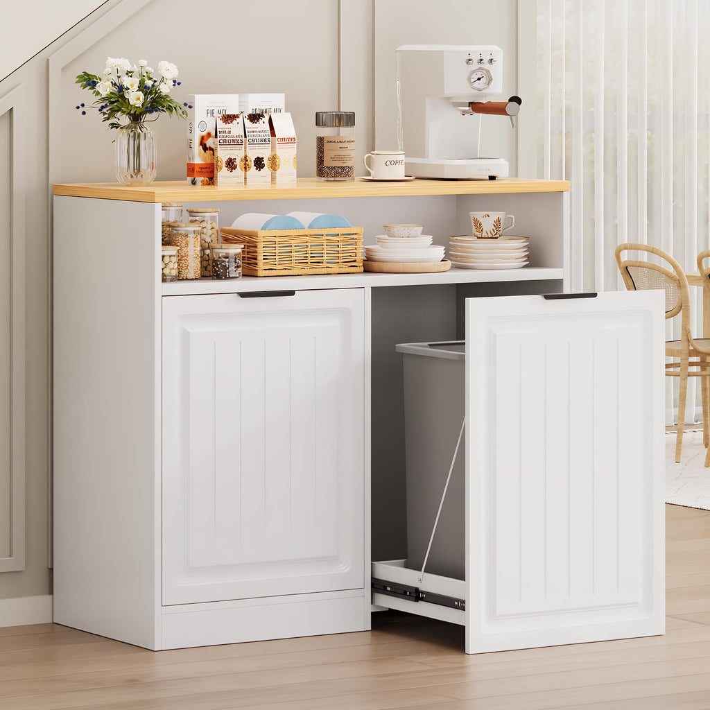 ZIFTY Pull Out Trash Can Cabinet for 13 Gallon Bin, Laundry Hamper, White